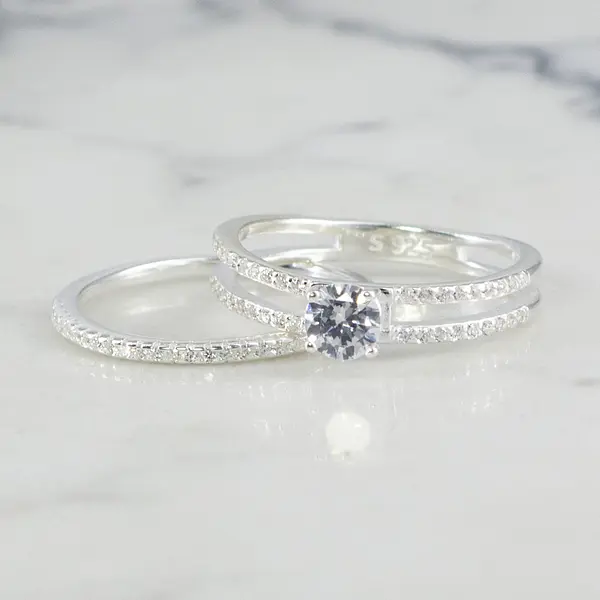 Duo De Anillos Solitario 2 Bandas Y Circones